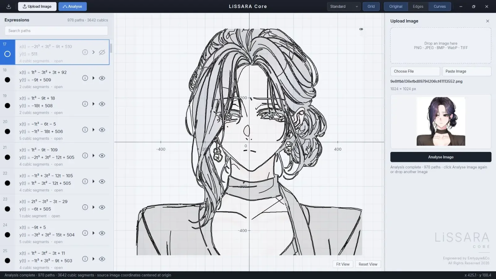 LiSSARA Core interface tracing an illustrated portrait with graphable curves and equations