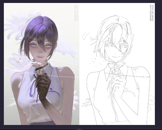 Original Reze illustration alongside its traced line drawing